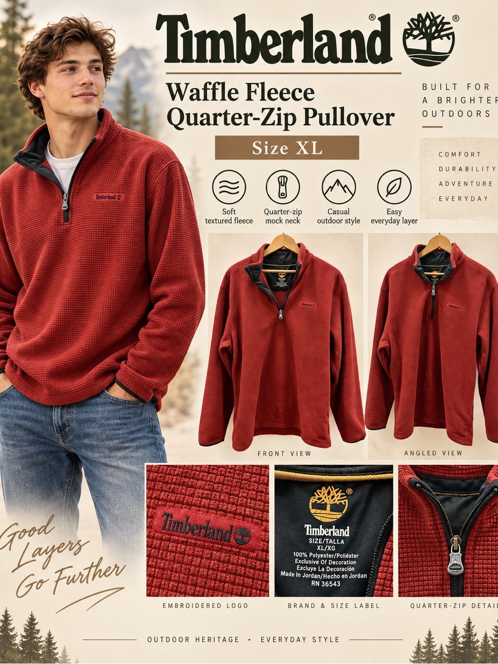Timberland Men’s Waffle Fleece Quarter-Zip Pullover - Rust Red